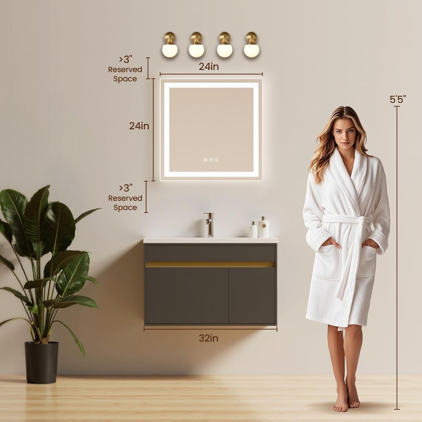 24X24 LED Bathroom Mirror with Lights, Anti-Fog, Backlit + Front Lit (CRI>90), Lighted Bathroom Vanity Mirror for Wall, Memory Function, Dimmable, Tempered Glass, Shatter-Proof