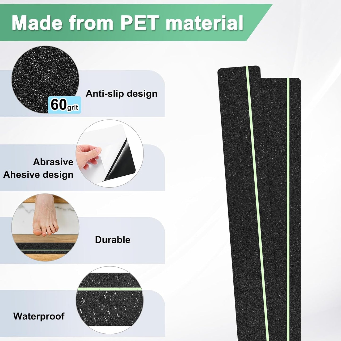 10-Pack Anti Slip Traction Tape 30" x 4" Best Grip Tape Grit with 6mm/0.24" Glow in Dark Stripe High Traction Friction Abrasive Adhesive for Indoor/Outdoor Stairs[Black+Green]
