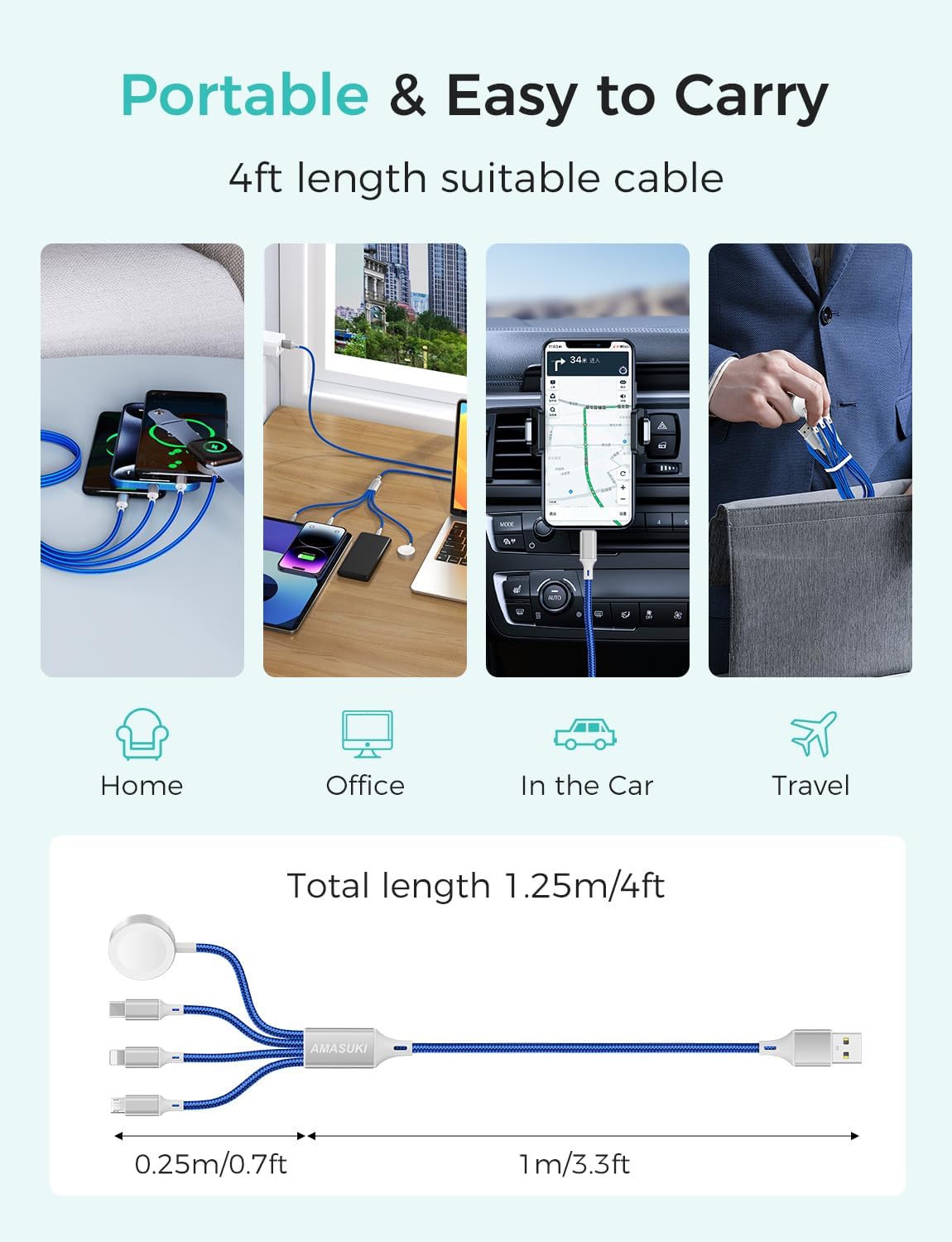 2Pack Multi Charging Cable for Apple Watch Charger 4 in 1 Travel Essentials RV Camping Essentials USB C/L/Micro Compatible with iWatch Series 11-1/iPhone 17/16/15/Android Airplane Gadgets-4FT/Blue