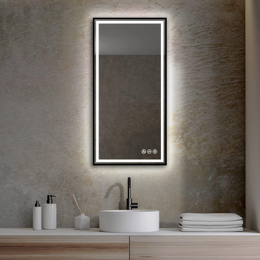 18x36 Inch LED Bathroom Mirror with Matte Black Frame| Wall Mounted Backlit Vanity Mirror with Lights | Anti-Fog, 3 Color Dimmable Smart Bathroom LED Mirror | Frame Vanity Mirror for Makeup