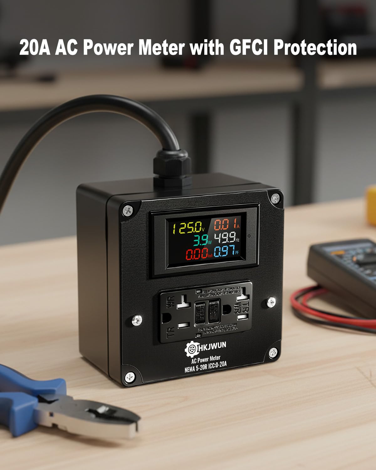 20A AC Power Meter, 125V Outlet Monitor for NEMA 5-15P to 5-20R, Multifunction Energy Monitor, LCD Digital Real-Time Display for Monitoring Voltage Current Power Electricity Consumption Frequency