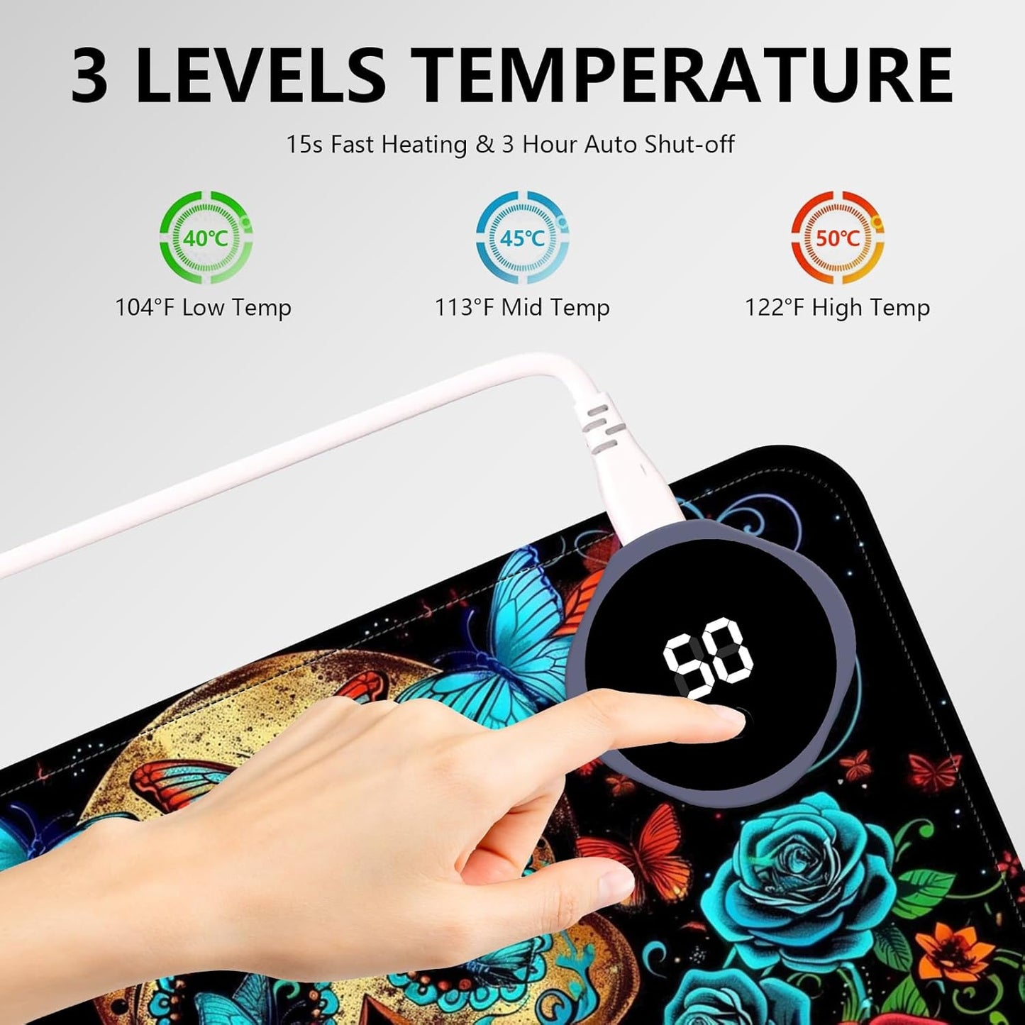 Heated Mouse Pad with 3 Levels Heated & 3 Hours Auto Shut-Off Mouse Pad for Warming Hands in Office Home, 31.5" x 13"Large Safe Desk Mat Hand Warmer，Skull Butterfly Blue Rose