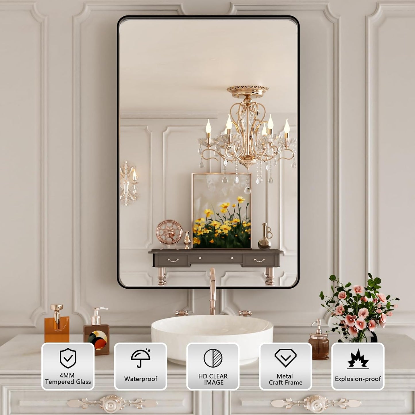 24X36 Inch Matte Black Bathroom Mirror,Bathroom Vanity Mirror for Wall,Rectangular Round Corner Black Metal Framed Mirror(Horizontal/Vertical)
