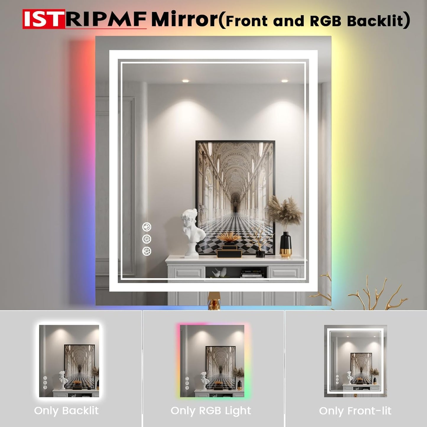 24x28 inch LED Bathroom Mirror with RGB Lights Color Changing Backlit Mirror Shatterproof Dimmable Anti-Fog Lighted Vanity Mirror (RGB Multicolor Backlit + Adjustable Front-Lighted)