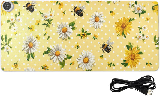 Heated Desk Pad Mouse Pad 31.5x13 Inch PU Leather Desk Mat with 3 Heat Levels Large Mouse Gaming Computer Laptop Mat Yellow Dot Bee and Daisy
