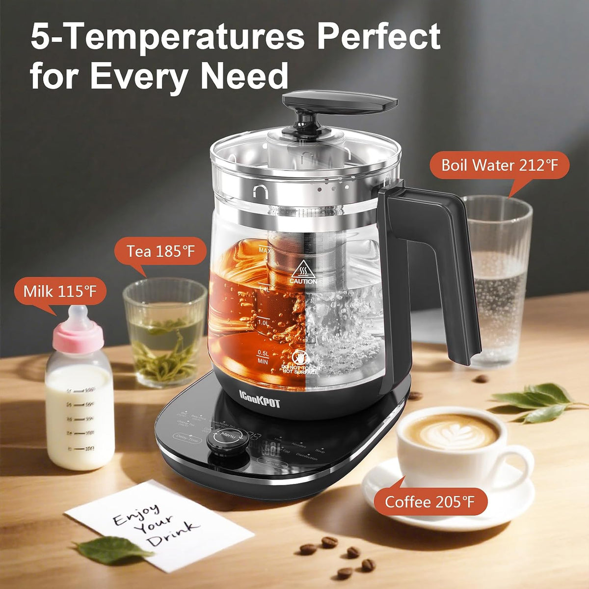 Glass Electric Kettle with Tea Infuser – 1.5L Stainless Steel, 1200W Rapid Boil, Temp & Programmable Control for Teas/Coffee – Black
