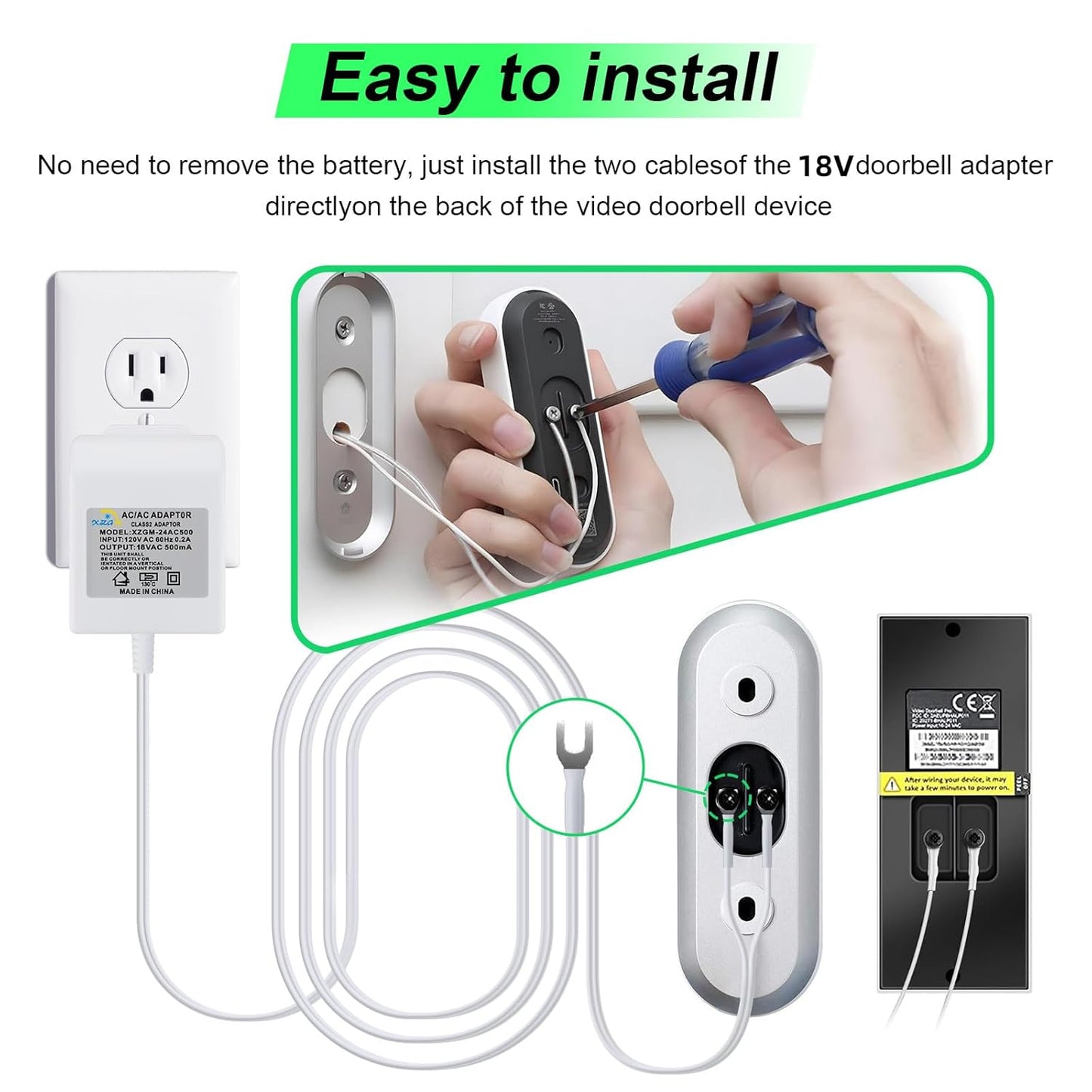 18 Volt Doorbell Transformer Power Supply for Ring Video Doorbell,Compatible with Ring,Google Nest,WYZE, Eufy,Blink Video Doorbells(𝟑𝟑𝐅𝐓 𝐄𝐱𝐭𝐞𝐧𝐬𝐢𝐨𝐧 𝐂𝐨𝐫𝐝)