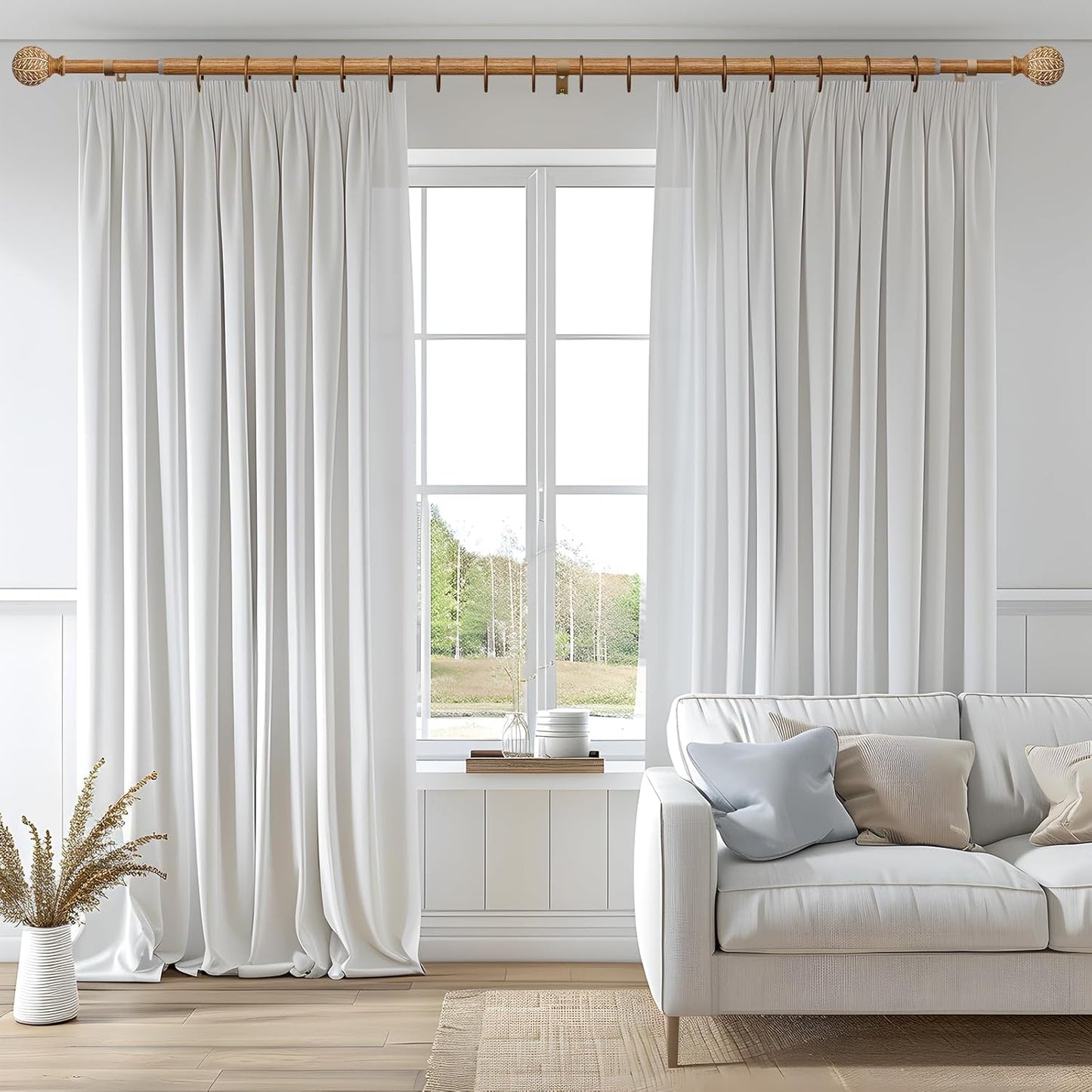 2 Pack Imitation Wood Grain Ball Curtain Rods for Windows 72 to 144 Inch,1 Inch Heavy Duty Adjustable Wood Curtain Rod,Boho Decorative Drapery Rods Set with Brackets,Size:36''-150''