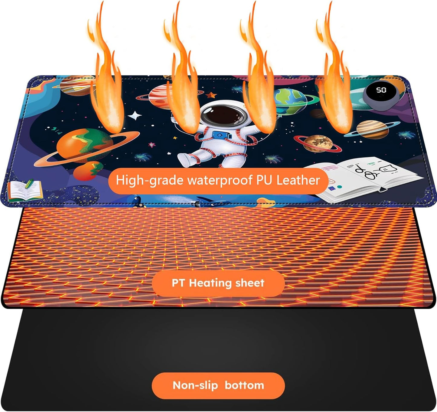 Heated Mouse Pad with 3 Levels Heated & 3 Hours Auto Shut-Off Mouse Pad for Warming Hands in Office Home, 23.6" x 14.2"Large Safe Desk Mat Hand Warmer，Cute Astronaut