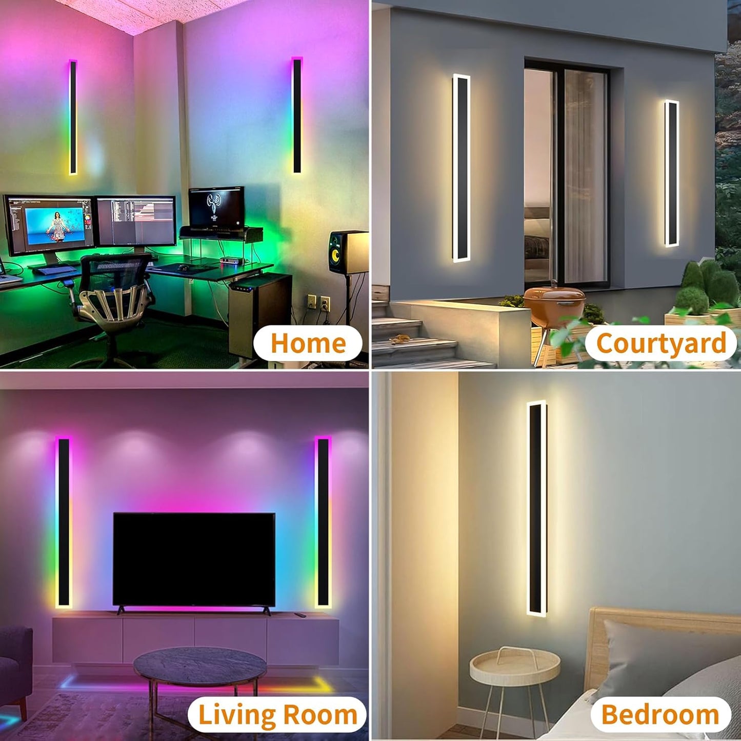 2 Pack Outdoor RGB Long Wall Lights, 23.6inch Wall Lights RGB/Warm/White Dimmable Modern Led Wall Lighting, Ip65 Waterproof Wall Sconce with Remote APP Control for Outdoor/Indoor Party Gathering