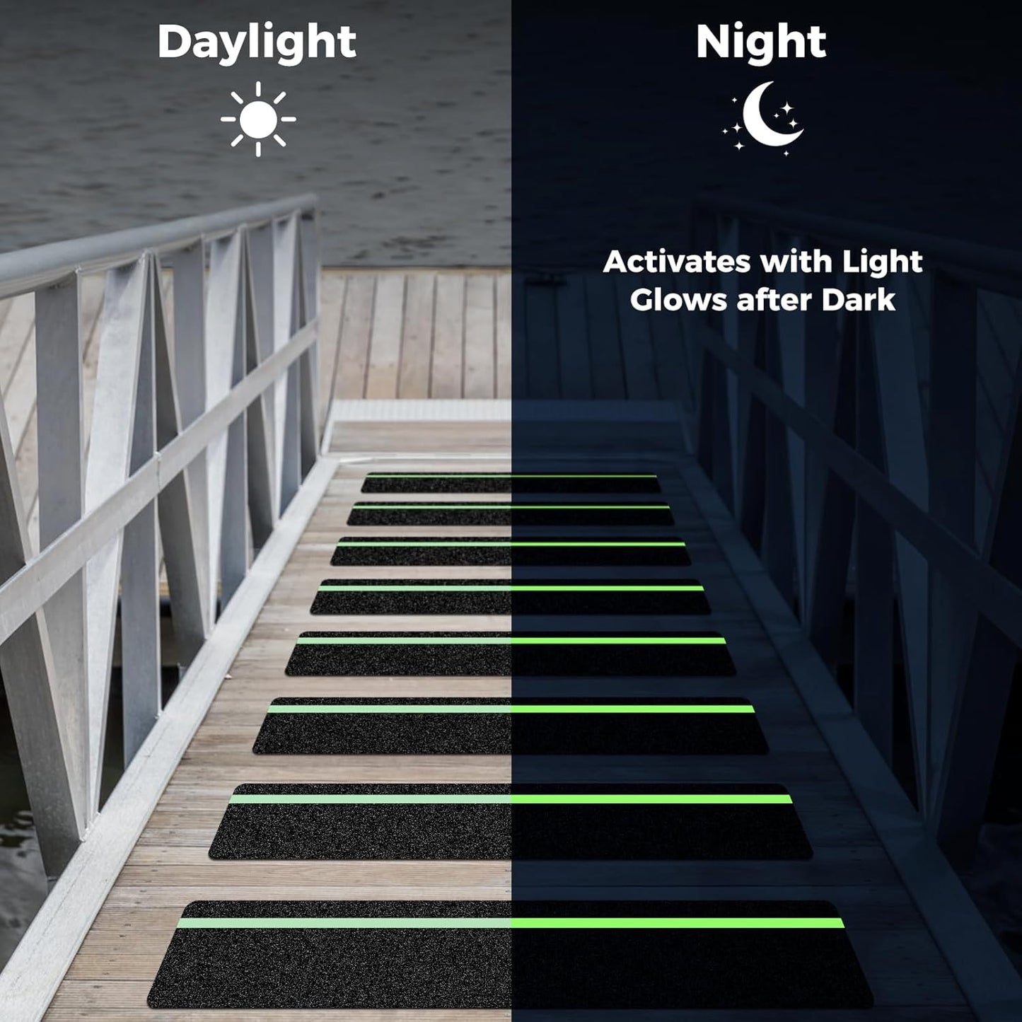 10 Pack 4” x 30” Anti Slip Traction Treads with Glow in The Dark Stripe, Outdoor Waterproof Non Skid Pre-Cut Tape with Roller, High Traction Friction Abrasive Adhesive for Stairs Step