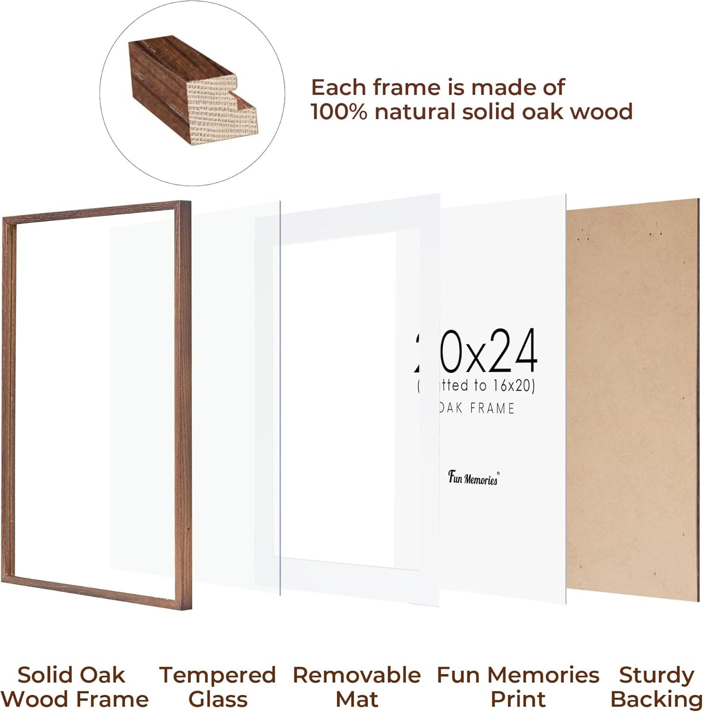 20x24 Picture Frames, Rustic Solid Oak Wood Frame 20 x 24 for Wall, Wooden 20 by 24 Photo Frames with Tempered Real Glass, 20x24 Poster Frame Matted to 16x20 (Walnut Color, 1 Pack)
