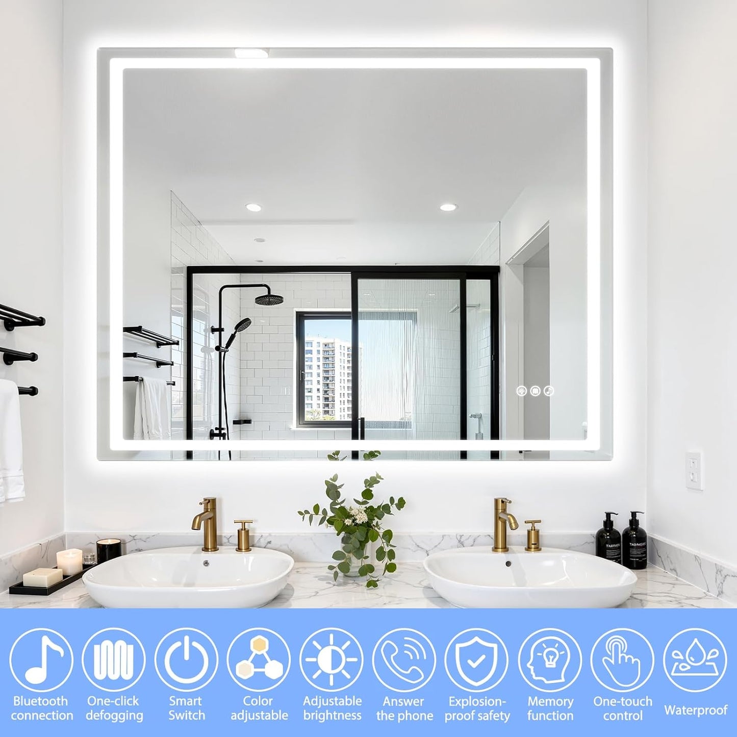 24" Round LED Bathroom Mirror with Anti-Fog & Touch Switch - 60x60cm Wall-Mounted Makeup Vanity Mirror, No Drilling Required, Smart Display (Square)