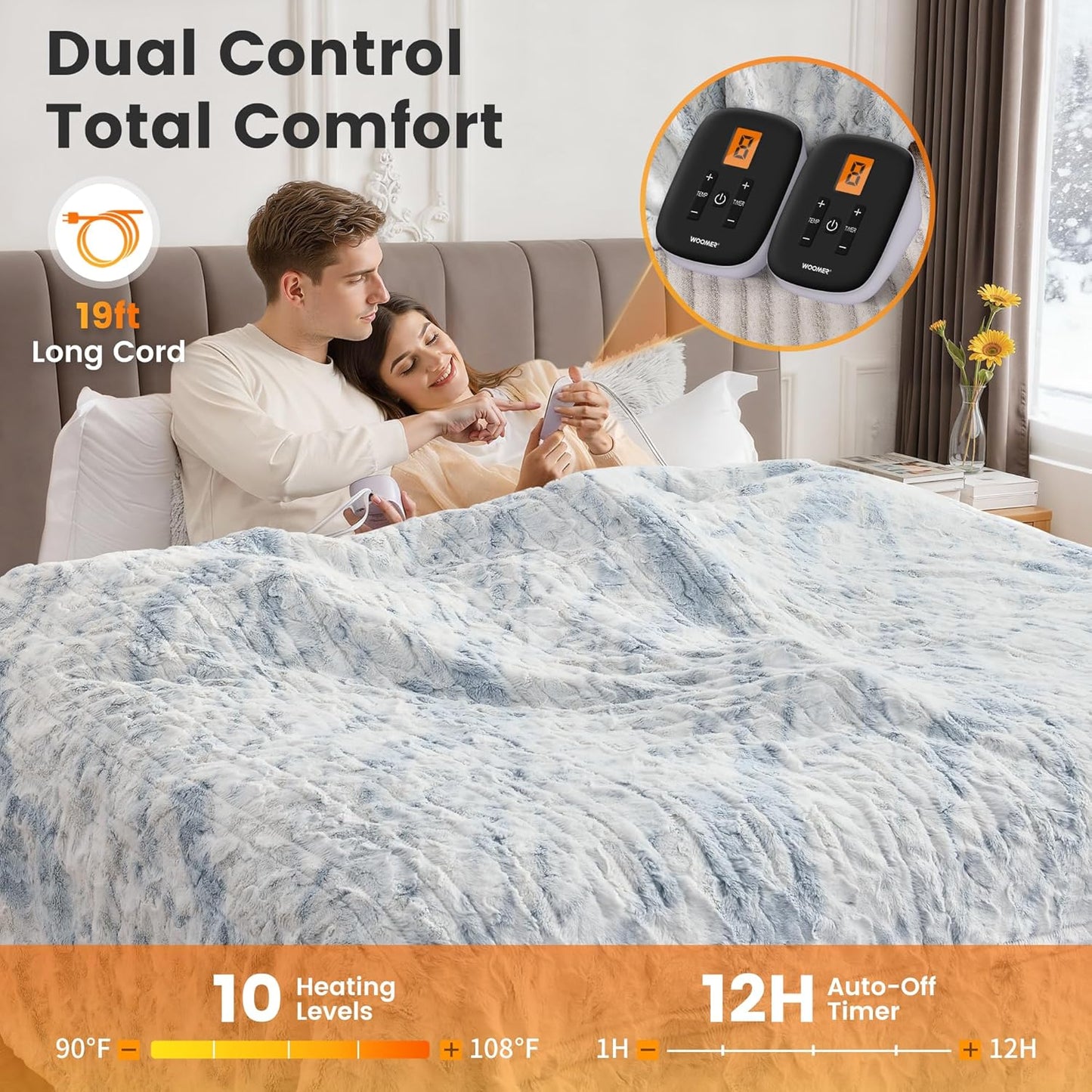WOOMER Heated Blanket King Size 100" x 90", Electric Blanket with Dual Controllers, 0.5-12 Hours Timer & 10 Heating Levels, ETL Certified, Marble Blue Double-Sided Faux Fur, Machine Washable