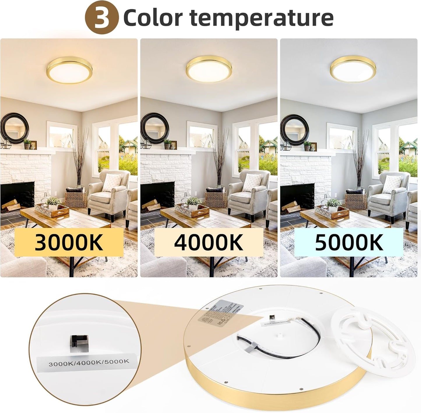 Hlite 6pack 9 Inch Flush Mount LED Ceiling Light Fixture,18W 1800LM Super Slim Light Fixtures Ceiling Mount 3000K/4000K/5000K 3CCT Selectable,Light Fixtures for Kitchen,Bedroom (Gold)
