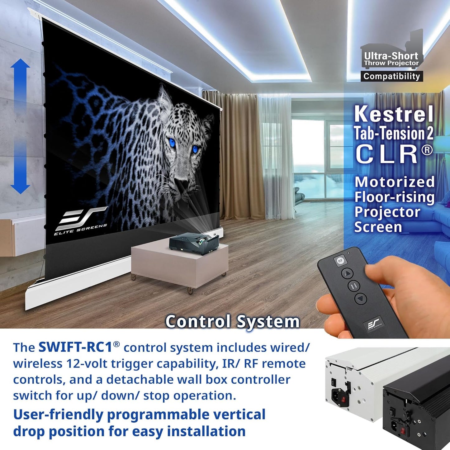 Elite Screens Kestrel Tab-Tension CLR, 101 inch 16:9, Ultra-Short Throw Ceiling Ambient Light Rejecting ALR Electric UST Floor-Rising Projection Motorized Front Projector Screen, FTE101XH3-CLR, White