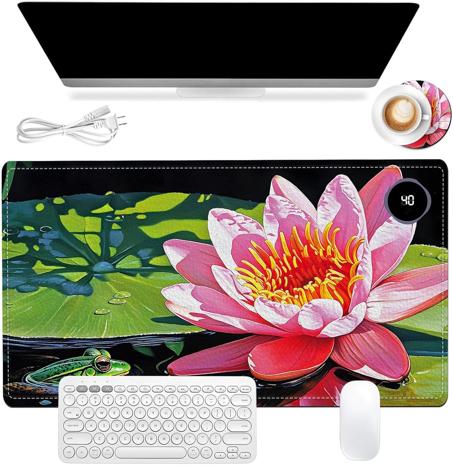 Heated Mouse Pad, Warm Desk Pad, Keyboard Mat 23.6 x 14 Inch Large Size Intelligent Fast Heating, 3 Speed Adjustable, Timed Auto Power Off for Game Office Home, Lotus Flower