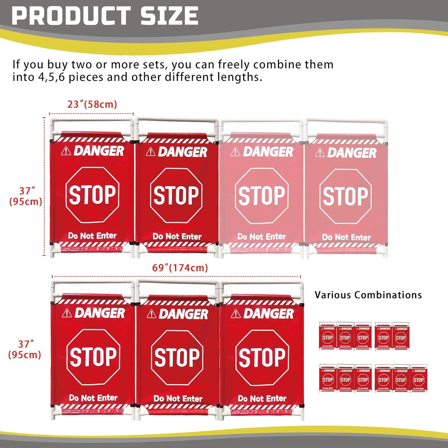 Safety Caution Barricade 3Panels Foldable Security Signs With PVC Tarp Removable Safety Barrier Wet Floor Guard Symbol Clear Printing Safety Fence(Red3)