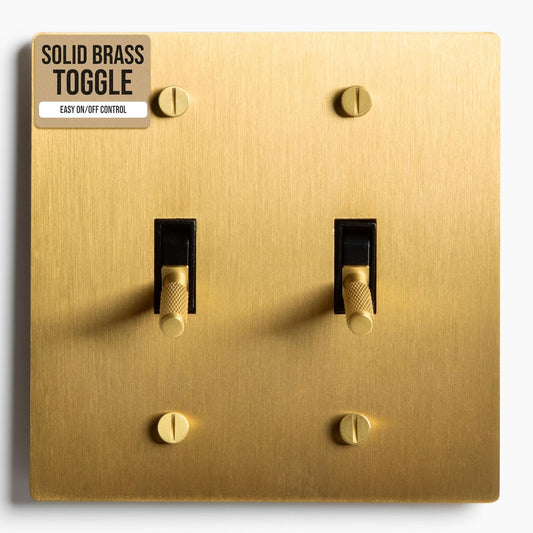 2-Gang Satin Solid Brass Plated Toggle Switch, 15A 120V AC Wall Mount, 3-Way Compatible Vintage Style Single Pole with Faceplate & Switch Module