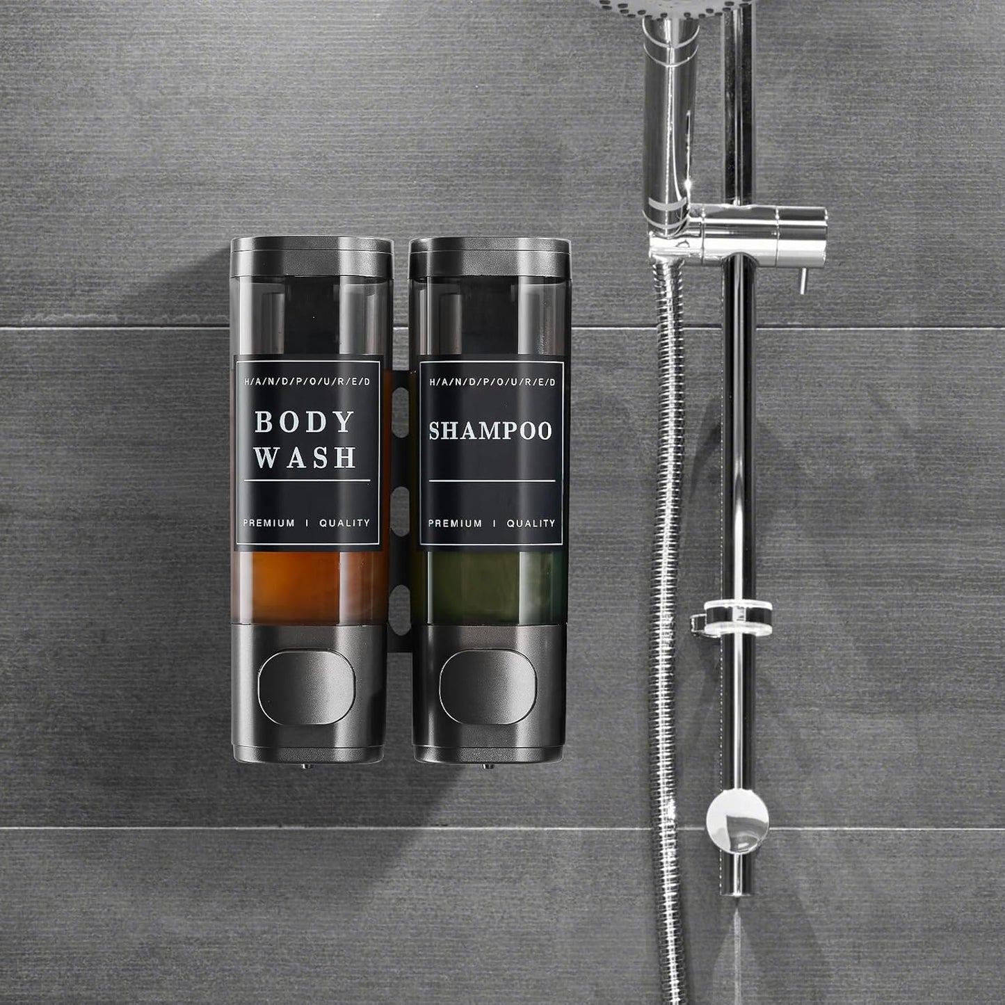 2-Chamber Wall-Mounted Shower Soap Dispenser for Shampoo and Conditioner - No Drill, Large Capacity Bathroom Dispenser for Hotel - Gun Gray
