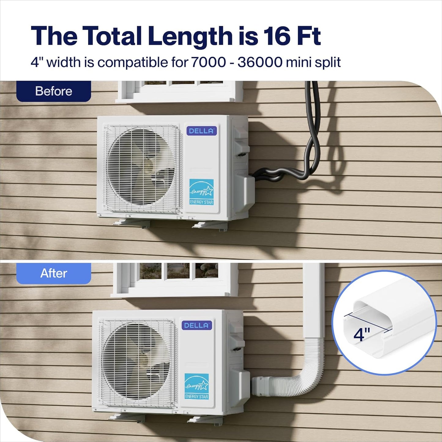 DELLA 4" 16Ft Mini Split Line Set Cover with Flexible Duct, Decorative PVC Lineset Cover Kit, Paintable for Air Conditioner, Central AC, HAVC & Heat Pumps Systems Tubing Cover, White