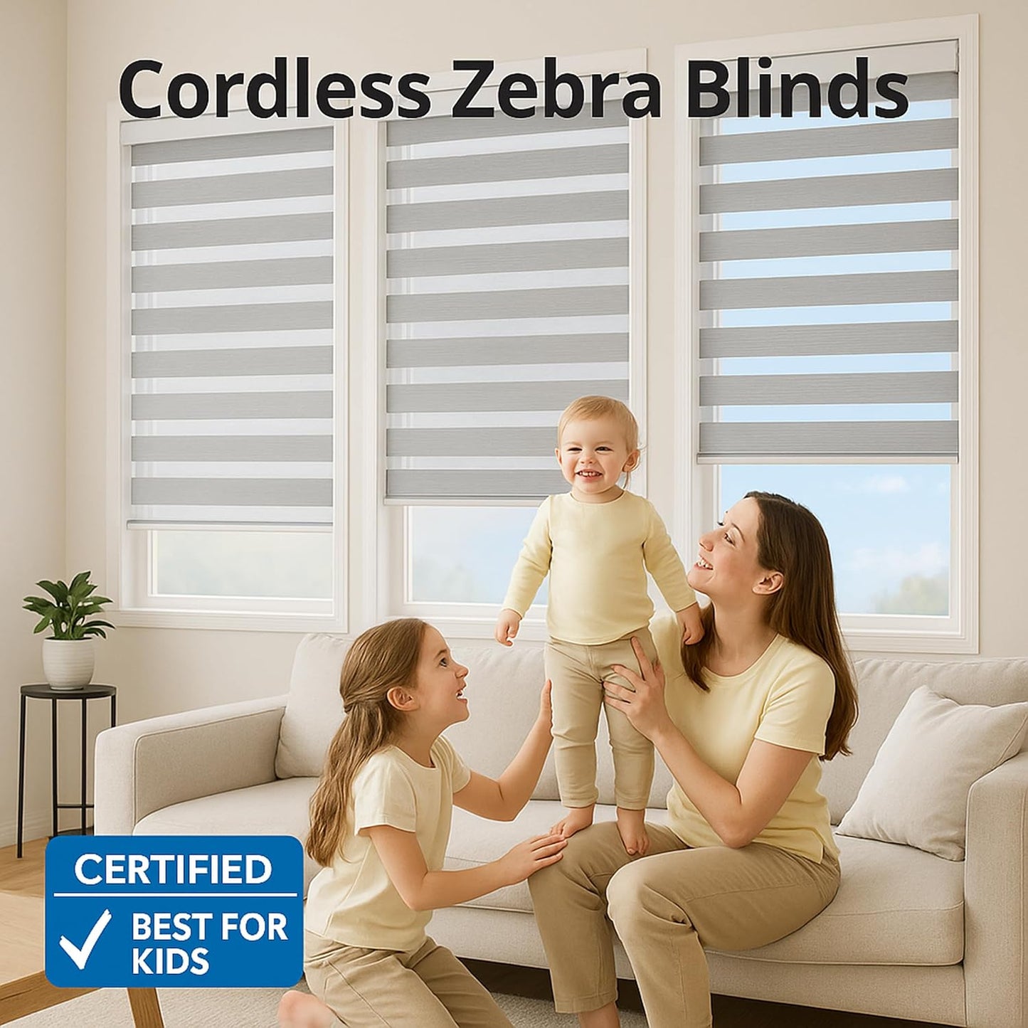 Shadesu Cordless Zebra Blinds for Windows, 89" W x 72" H, Grey, Dual Layer Free-Stop Zebra Shades, Light Control for Day and Night, Sheer Blinds for Indoor Windows, Bedroom, Kitchen