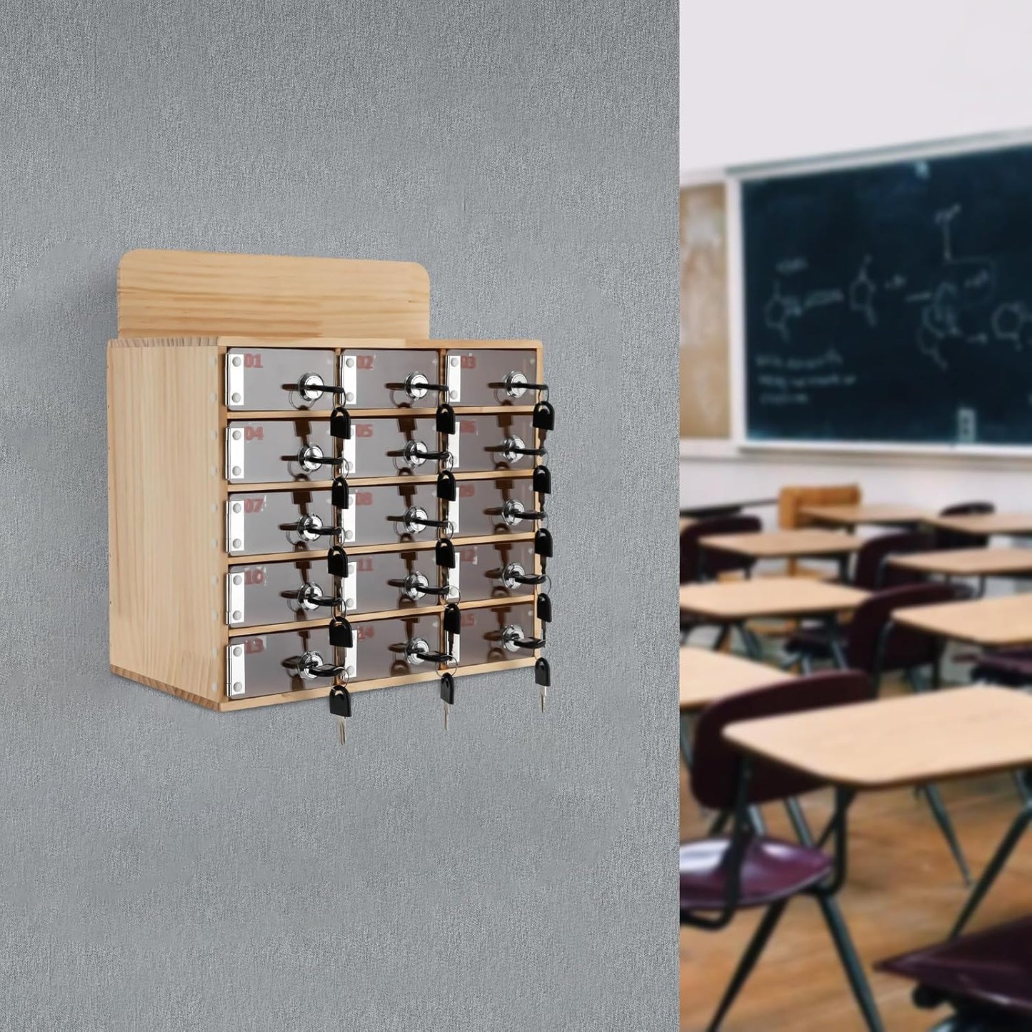 15 Slot Lockable Cell Phone Locker Box, Wall-Mounted/Freestanding Clear Acrylic & Wood Cell Phone Storage Cabinet with Door Locks and Keys for Classroom, Office, and School Employees