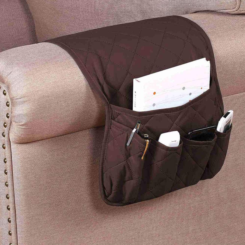 2 Pack Non-Slip Couch Sofa Chair Armrest Organizer 5 Pockets Armchair Caddy Smart Phone, Book, Magazines, Ipad, TV Remote Control Holder (Brown)