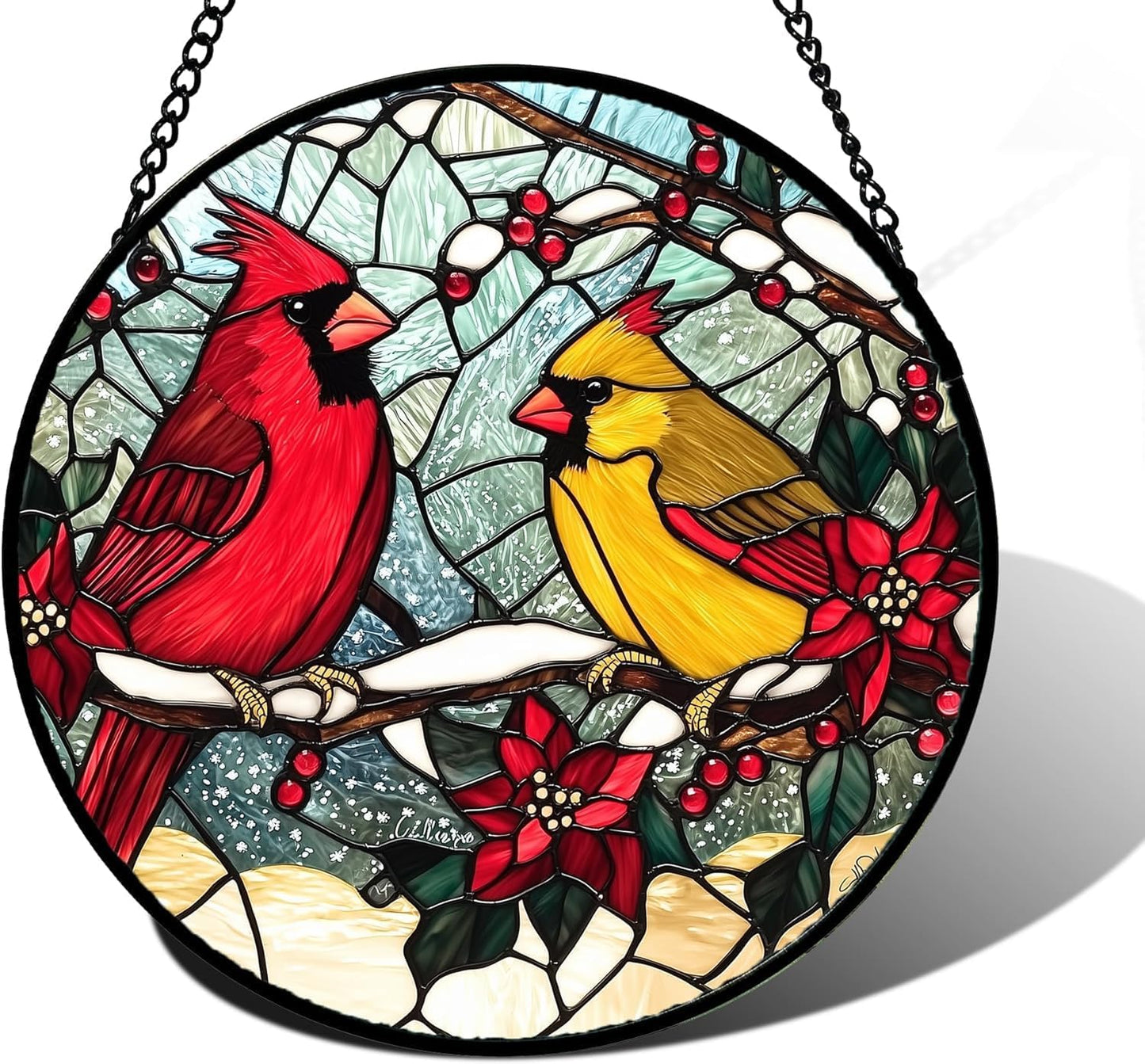 Stained Glass Window Hanging, Love Birds Cardinals Sun Catchers Colorful Glass Panel Birds Suncatcher Decor for Birthday for Women, Men, Wife, Lovers, and Mom 14.9x14.9 in