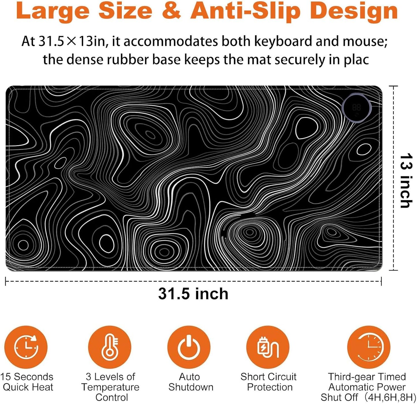 Heated Mouse Pad for Desk 31.5" x 13" – PU Leather Warm Desk Pad with 3 Heat Levels (104°F/113°F/122°F), Plug-in Electric Heating Mat with Auto Shut-Off, Waterproof & Rollable, Topographic Lines