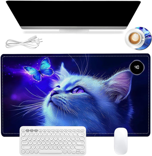 Heated Mouse Pad, Warm Desk Pad, Keyboard Mat 23.6 x 14 Inch Large Size Intelligent Fast Heating, 3 Speed Adjustable, Timed Auto Power Off for Game Office Home, Blue Cat Butterfly