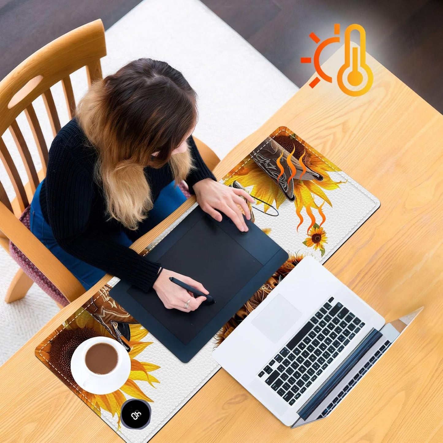 Heated Mouse Pad, Warm Desk Pad, Keyboard Mat 31.5 x 13 Inch Large Size Intelligent Fast Heating, 3 Speed Adjustable, Timed Auto Power Off for Game Office Home,Sunflower Highland Cattle