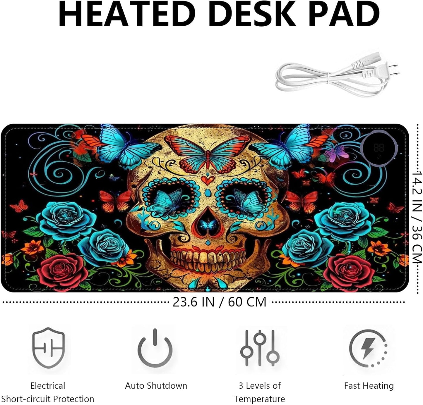 Heated Mouse Pad with 3 Levels Heated & 3 Hours Auto Shut-Off Mouse Pad for Warming Hands in Office Home, 23.6" x 14.2"Large Safe Desk Mat Hand Warmer，Skull Butterfly Blue Rose