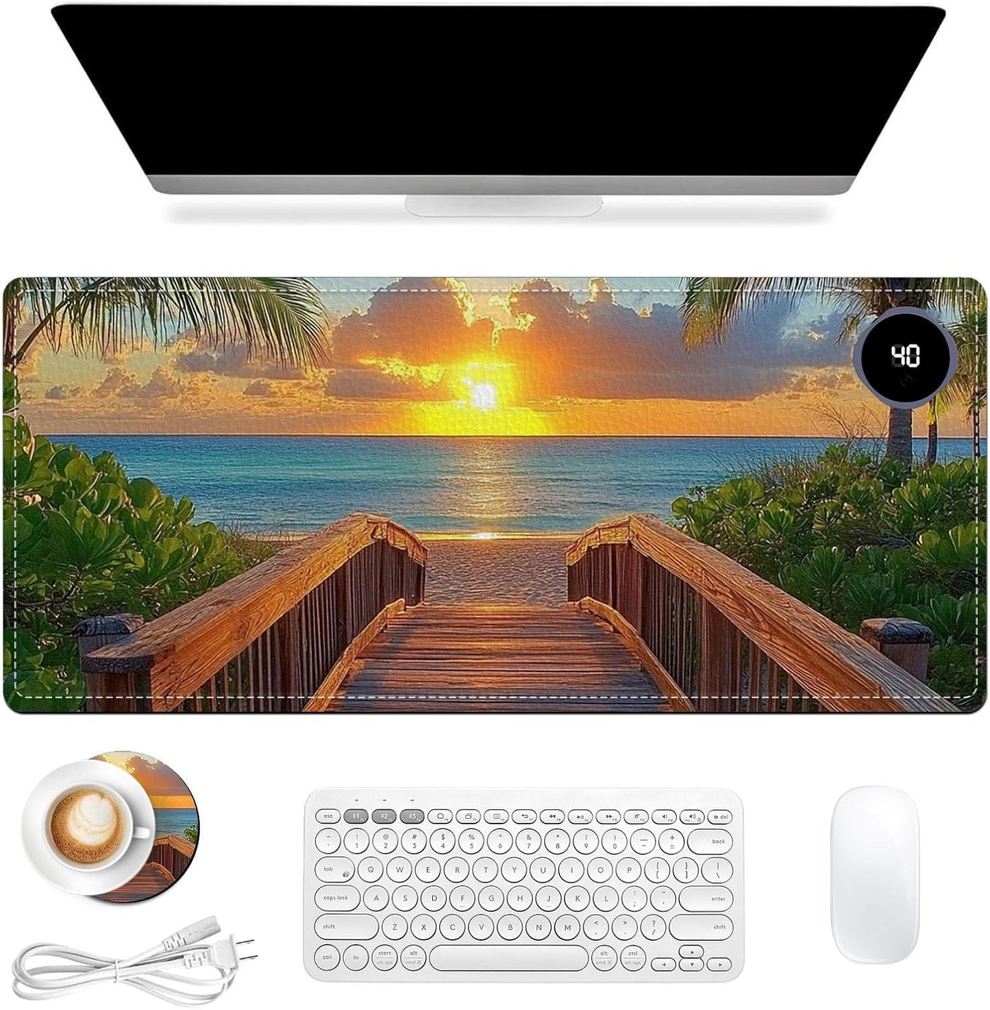 Heated Mouse Pad 31.5x13 in 3-Temp Fast Heating Desk Mat with Auto Timer Warmer for Hands Wrist Pain Relief Waterproof Keyboard Mat for Office, Gaming, Home, Sunset Beach Pathway