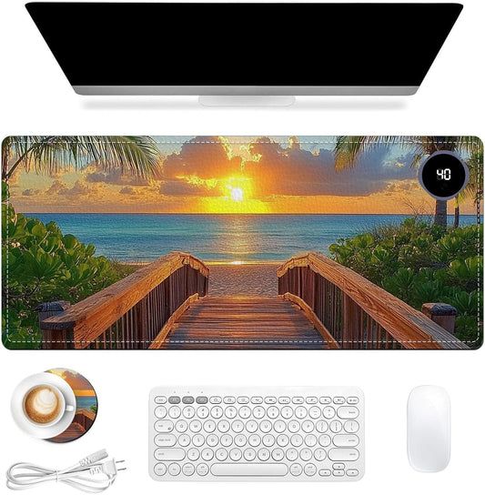 Heated Mouse Pad 31.5x13 in 3-Temp Fast Heating Desk Mat with Auto Timer Warmer for Hands Wrist Pain Relief Waterproof Keyboard Mat for Office, Gaming, Home, Sunset Beach Pathway