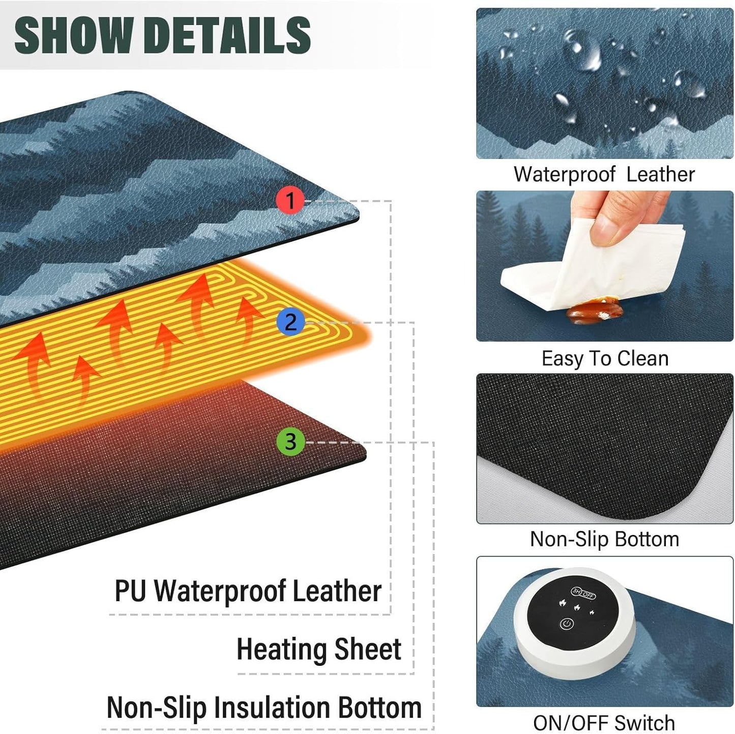 Heated Desk Pad Mouse Pad 31.5x13 Inch PU Leather Desk Mat with 3 Heat Levels Large Mouse Gaming Computer Laptop Mat Blue Mountains and Pine Trees