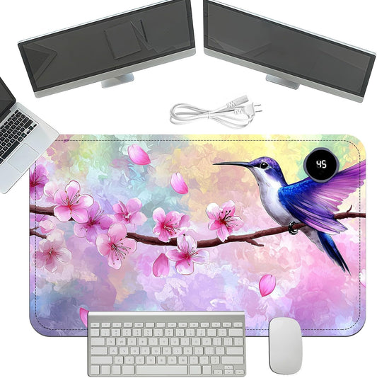 Heated Mouse Pad with 3 Temperature Settings(104°F–122°F),Large 24x14.2 Inch PU Leather Heated Desk Mat,Waterproof Warming Pad for Office,Gaming & Cold Hands Relief,Hummingbird Cherry Bloom