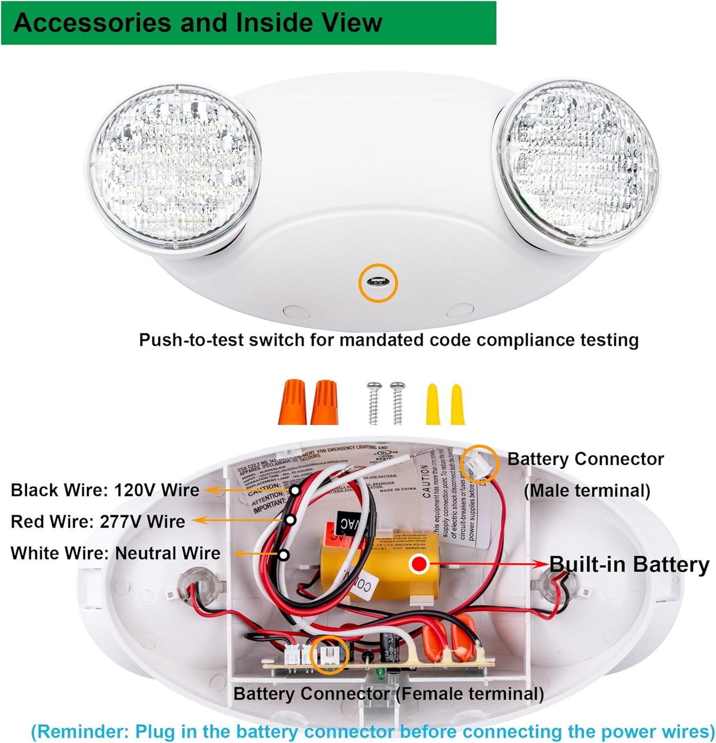 LIT-PaTH LED Emergency Lighting Fixtures with 2 LED Bug Eye Heads and Back Up Batteries- US Standard Exit Light, UL 924 and CEC Qualified, 120/277 Voltage, White, 6-Pack