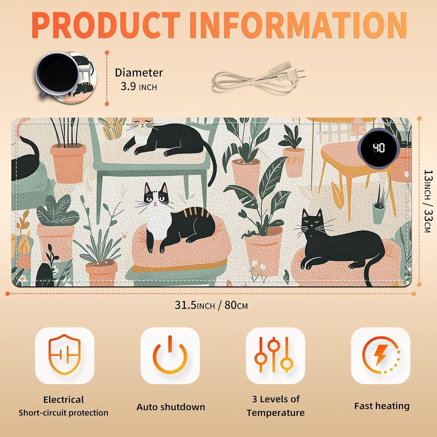 Heated Mouse Pad, Warm Desk Pad, Keyboard Mat 31.5 x 13 Inch Large Size Intelligent Fast Heating, 3 Speed Adjustable, Timed Auto Power Off for Game Office Home,Cartoon Cat Bed