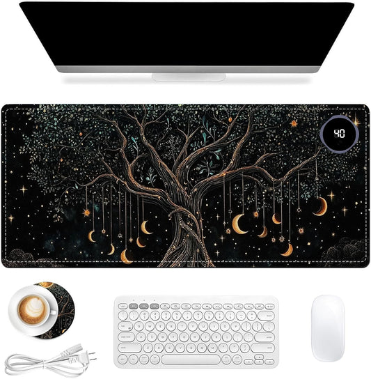 Heated Mouse Pad 31.5x13 in 3-Temp Fast Heating Desk Mat with Auto Timer Warmer for Hands Wrist Pain Relief Waterproof Keyboard Mat for Office, Gaming, Home, Moonlit Tree Art