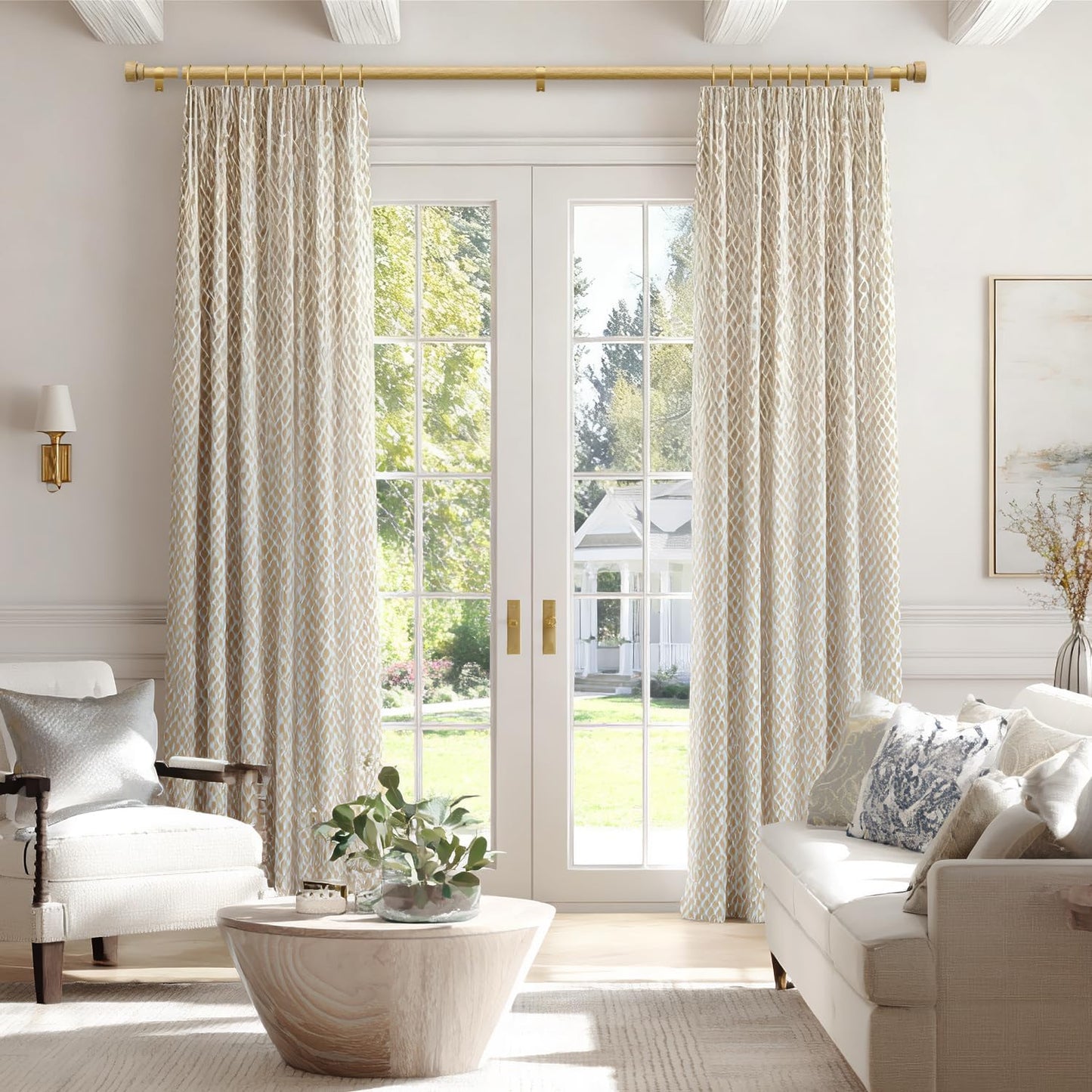 2 Pack Natural Light Wood Grain Curtain Rods for Windows 28 to 48 Inches 1" Diameter Heavy Duty Window Curtain Rod Adjustable with Solid Finials for Living Room Bedroom Kitchen Farmhouse Outdoor
