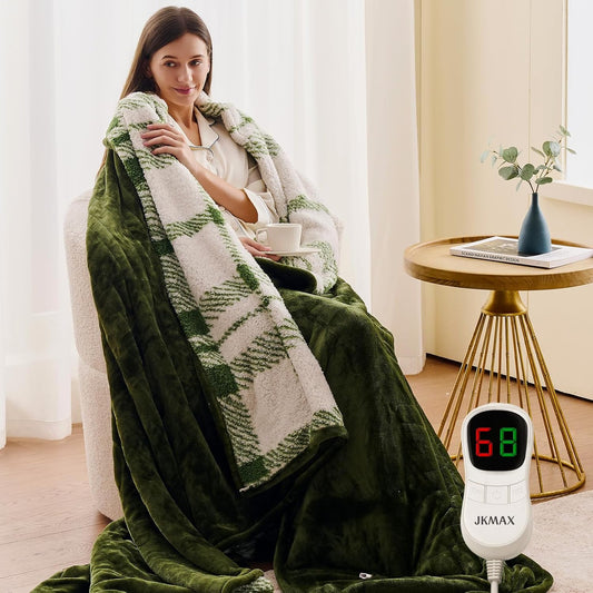 Heated Electric Blanket King Size - 100"x90" Flannel Heating Blanket with 10 Heating Levels & 5 Time Settings Over-Heat Protection, Winter Warmer for Adults with ETL Certification（Green）