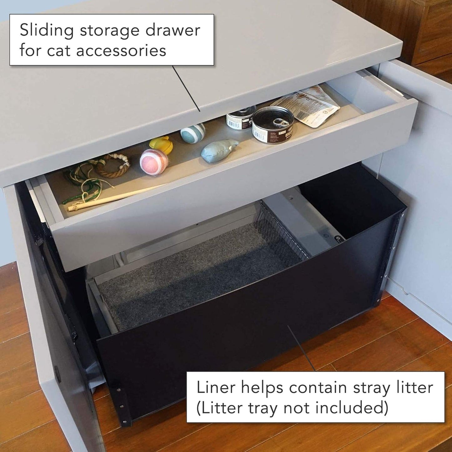 THE REFINED FELINE Cat Litter Box Enclosure Cabinet, Farmhouse, Smoke Gray, Square Feet, XLarge, Hidden Litter Cat Furniture with Drawer