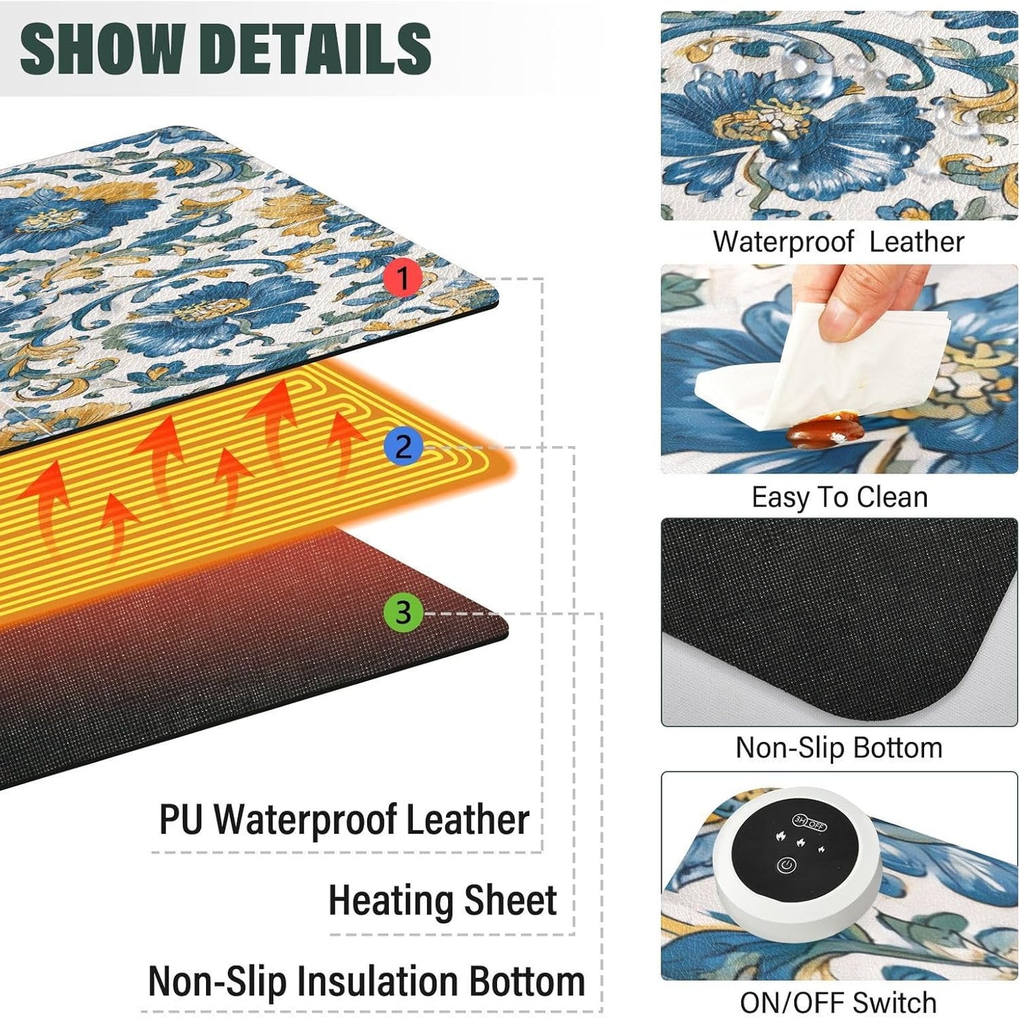 Heated Desk Pad Mouse Pad 31.5x13 Inch PU Leather Desk Mat with 3 Heat Levels Large Mouse Gaming Computer Laptop Mat Floral Blue and Yellow Tile