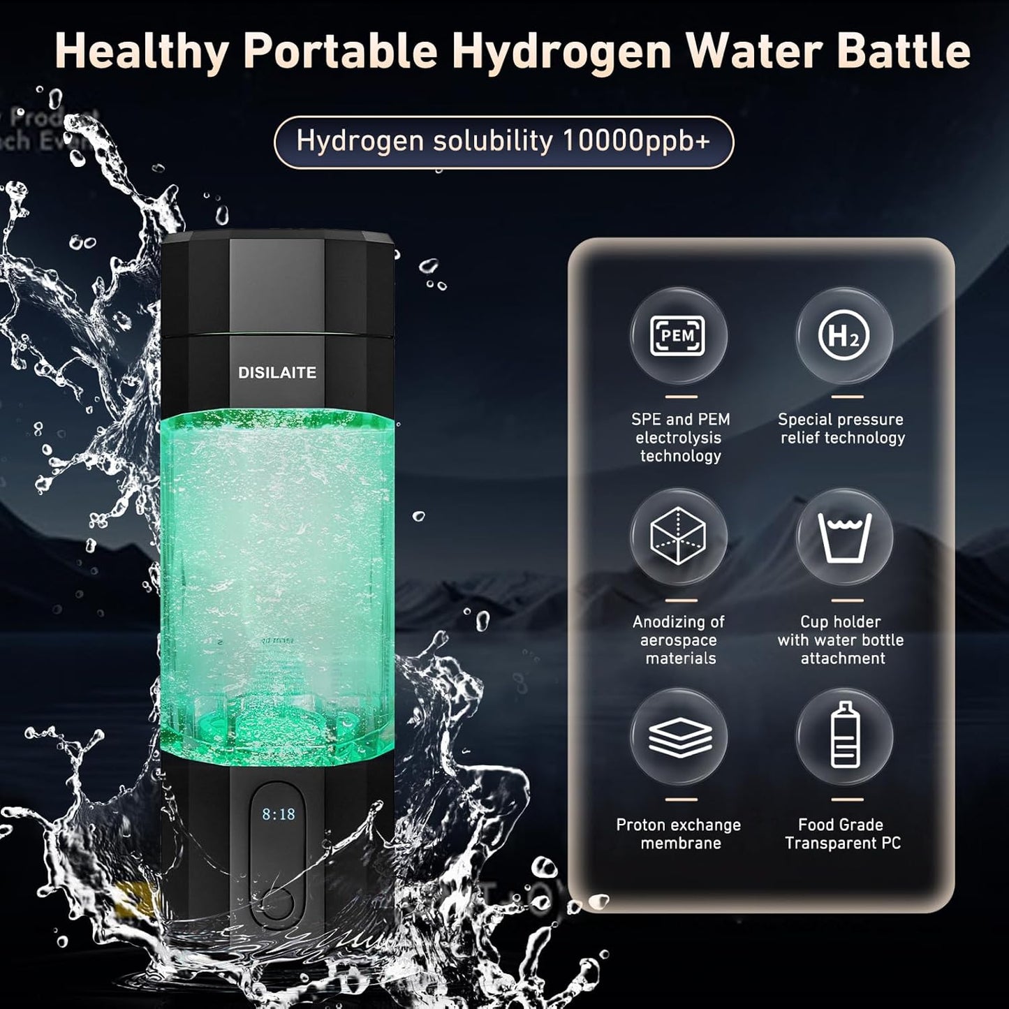 10000PPB+ Hydrogen Water Bottle SPE PEM Technology Hydrogen Water Generator with Seven Colorful Light-Best Hydrogen Water Technology (S-Black)
