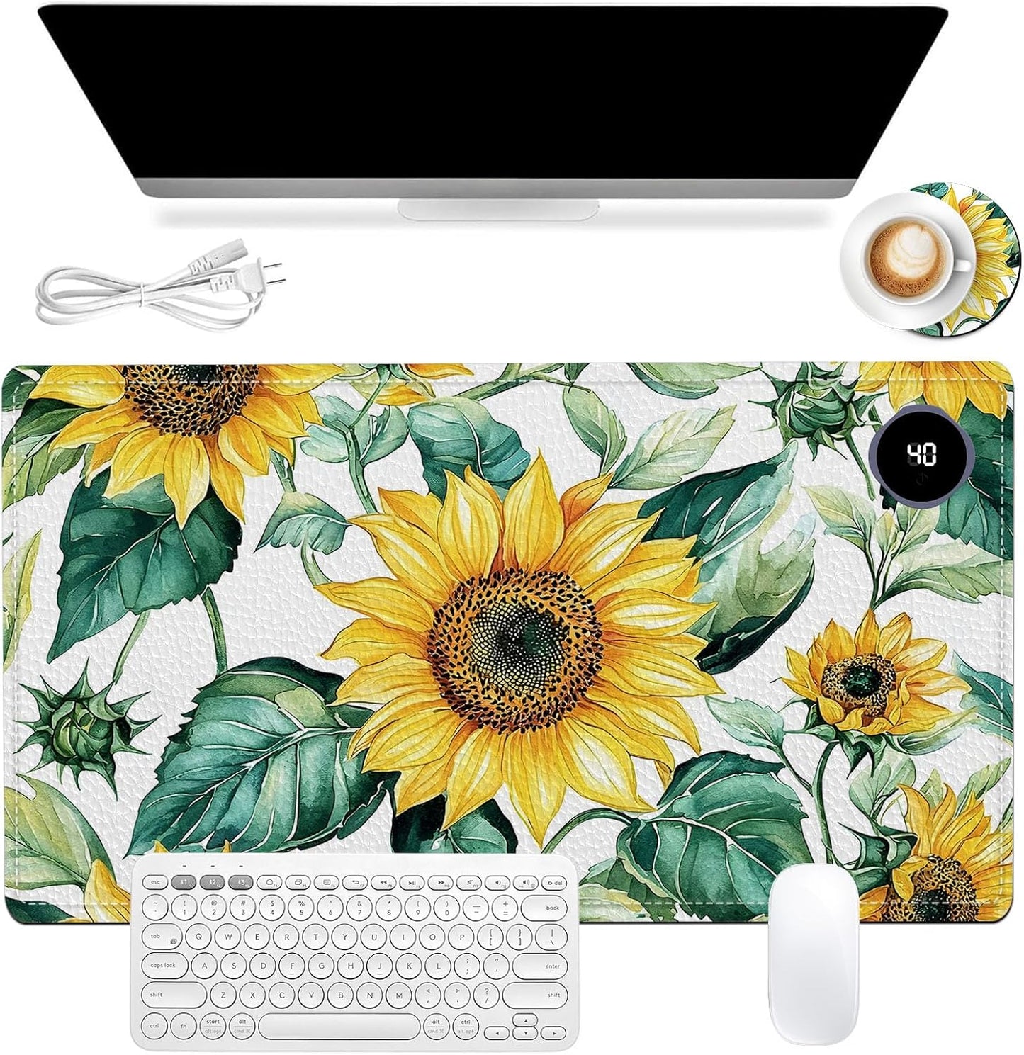 Heated Mouse Pad, Warm Desk Pad, Keyboard Mat 23.6 x 14 Inch Large Size Intelligent Fast Heating, 3 Speed Adjustable, Timed Auto Power Off for Game Office Home, Blooming Sunflowers