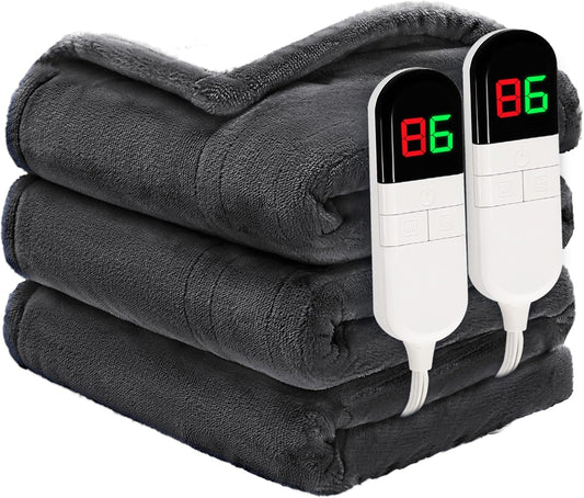 Heated Blanket King 90"×100" - Premium Cosy Soft Electric Blanket with 6 Heating Levels,Dual Control Fast Heating Flannel Sherpa Blanket for Bed & Couch,Auto Shut Off/Machine Washable (Grey)