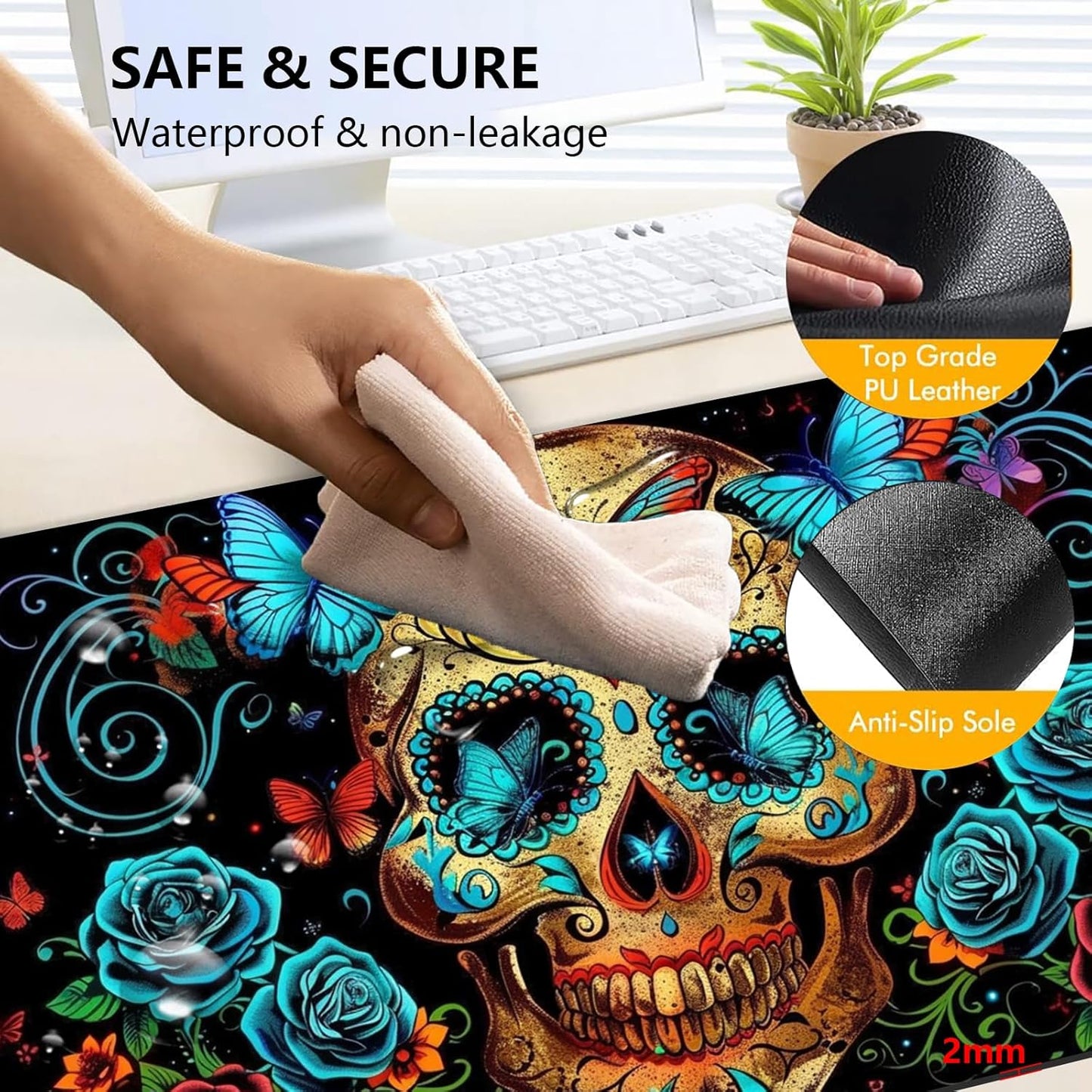 Heated Mouse Pad with 3 Levels Heated & 3 Hours Auto Shut-Off Mouse Pad for Warming Hands in Office Home, 23.6" x 14.2"Large Safe Desk Mat Hand Warmer，Skull Butterfly Blue Rose