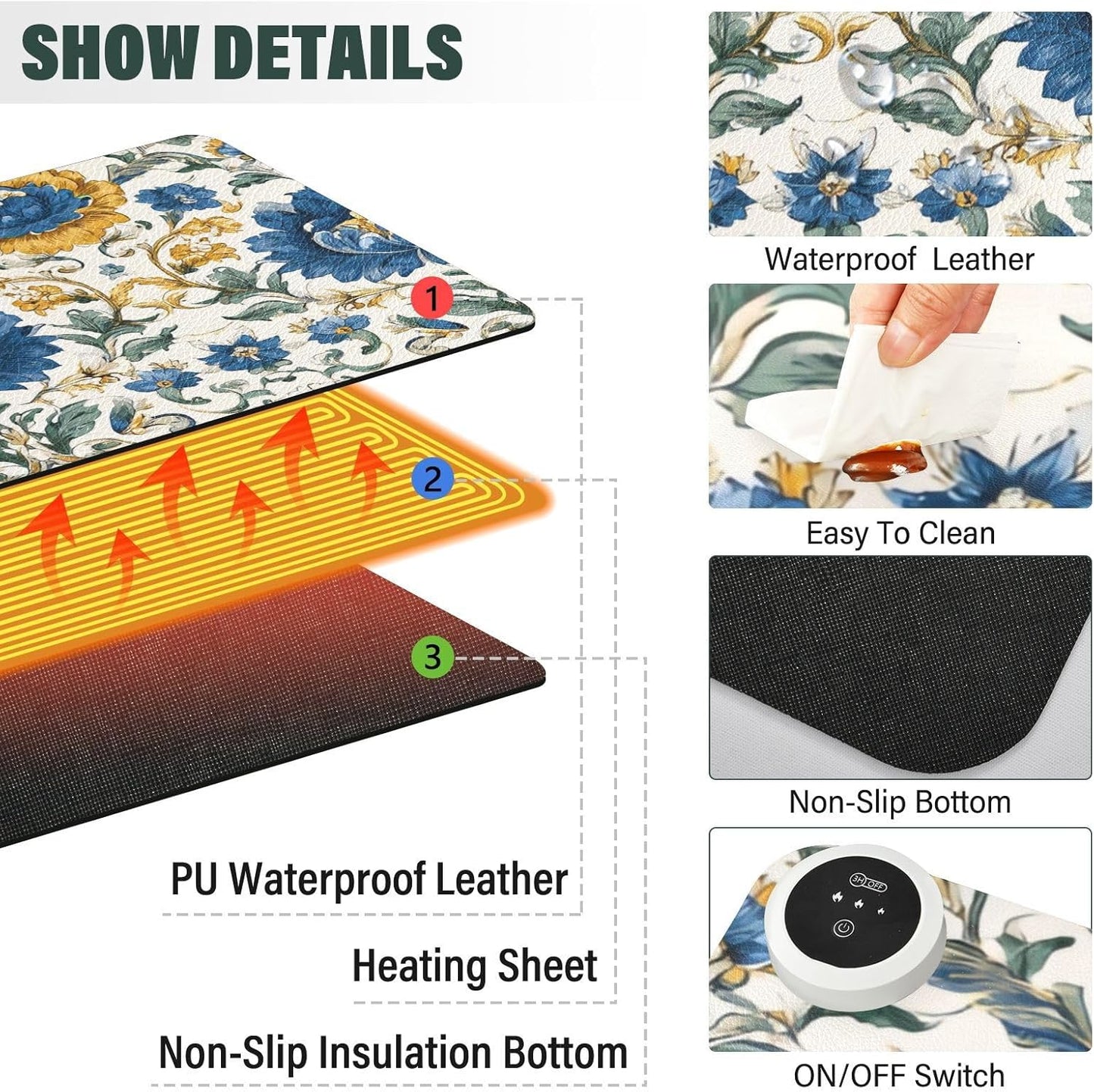 Heated Desk Pad Mouse Pad 31.5x13 Inch PU Leather Desk Mat with 3 Heat Levels Large Mouse Gaming Computer Laptop Mat Royal Floral Blue and Yellow Tile
