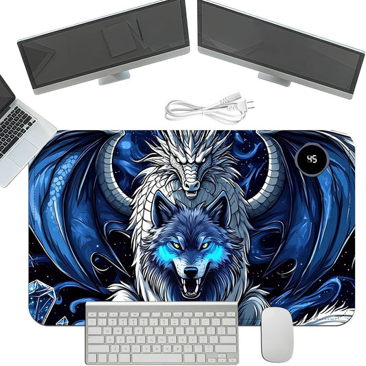 Heated Mouse Pad with 3 Temperature Settings(104°F–122°F),Large 24x14.2 Inch PU Leather Heated Desk Mat,Waterproof Warming Pad for Office,Gaming & Cold Hands Relief,Dragon and Wolf